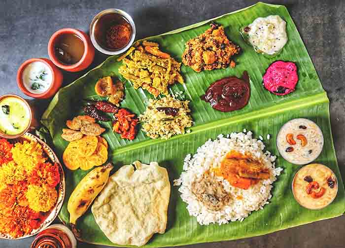 Traditional Onam Sadya served on a banana leaf in Kerala