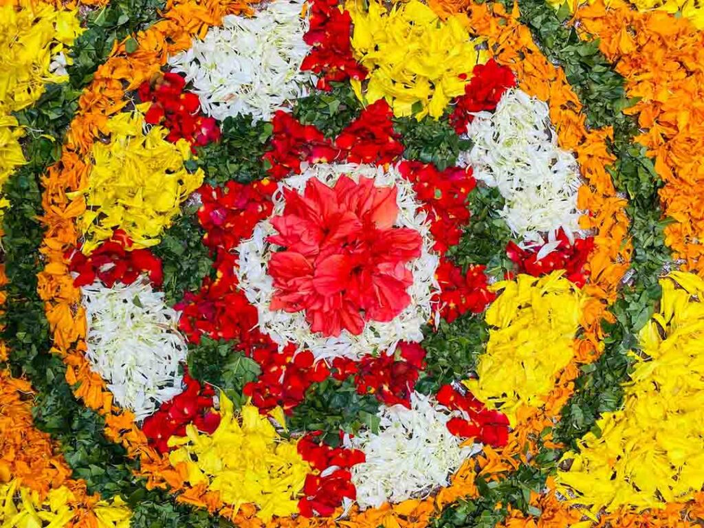 Colorful Pookalam created during Onam celebrations in Kerala