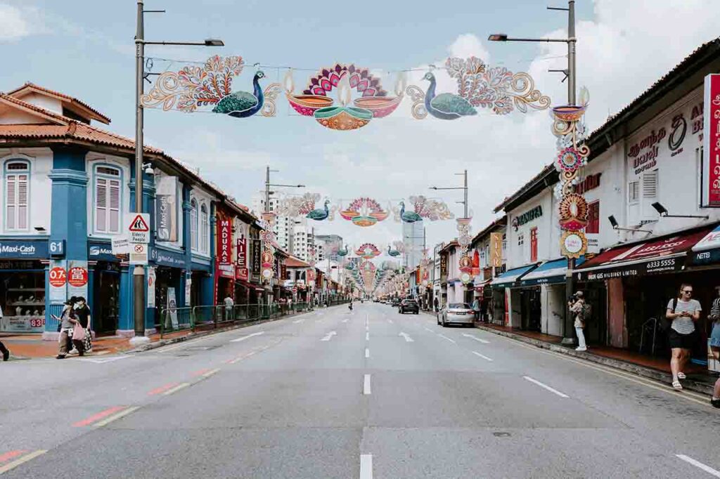Colorful streets of Little India with cultural shops and landmarks in Singapore