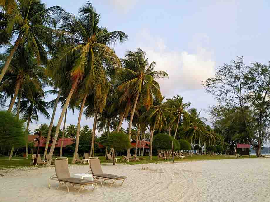 Beautiful beachside in Malaysia with chairs overlooking the clear turquoise waters, perfect for relaxation and enjoying the serene tropical view